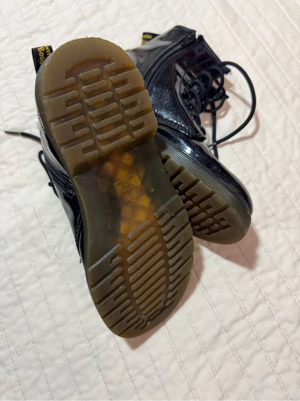 Dr. Martens 1460 Junior Glitter Black Patent Leather Boots with Yellow Stitching